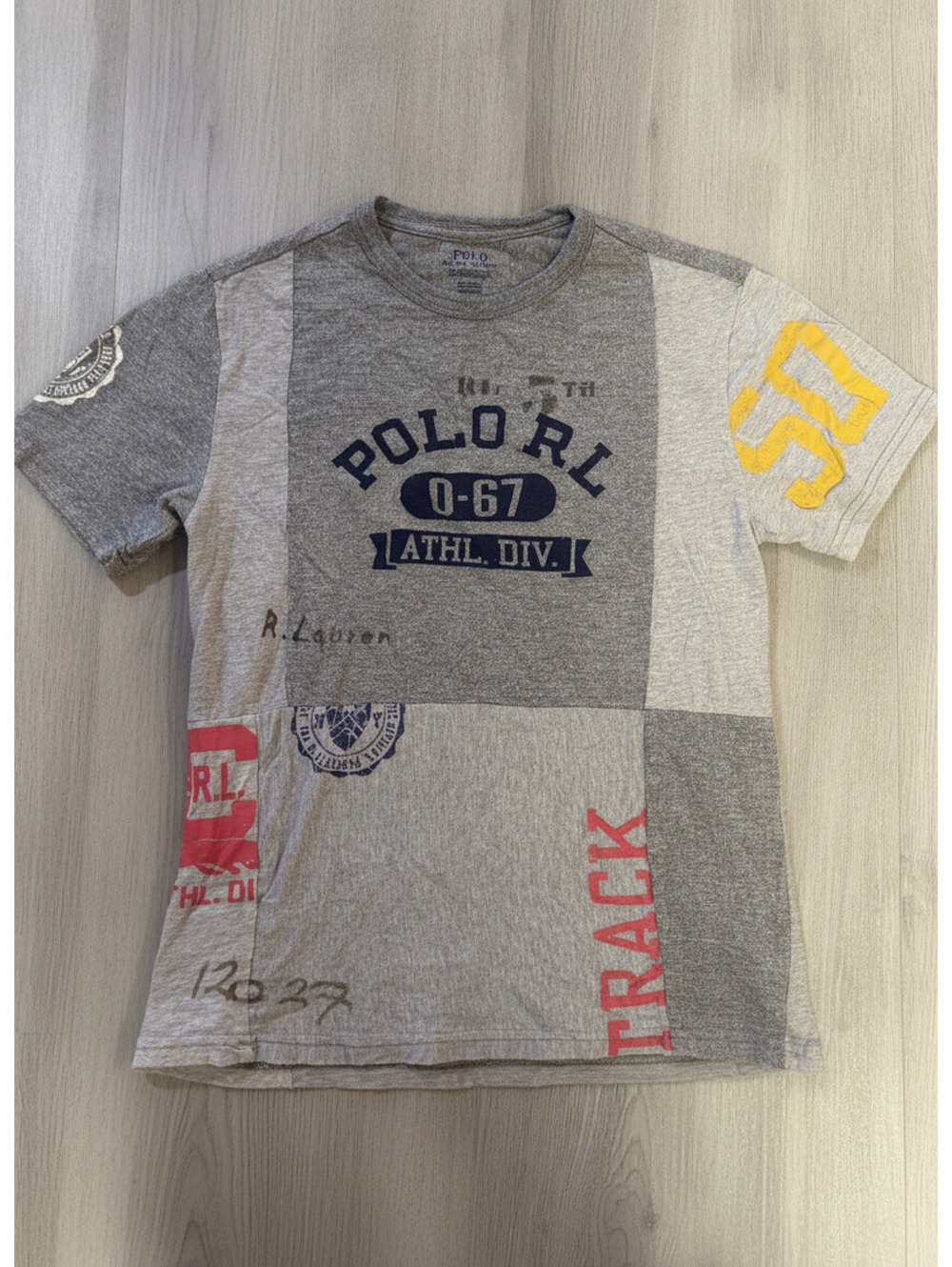 Polo Ralph Lauren Boys T-Shirt Athletic Division Graphic Patchwork Gray M 10-12